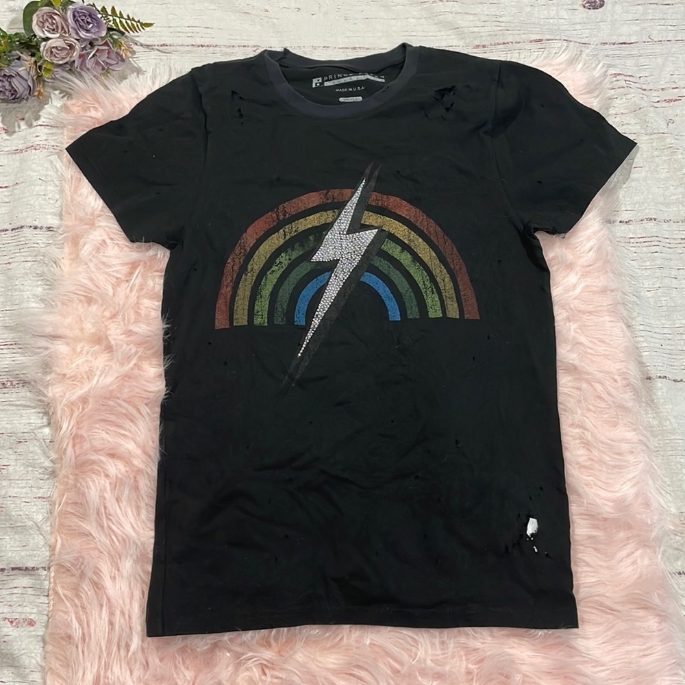NWOT Prince Peter Collection Rainbow Bolt Embellished Distressed Graphic Tee